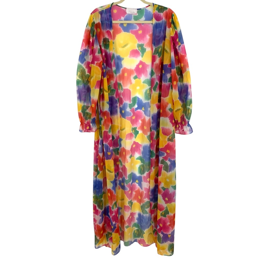 Vintage Inner Most Bright Floral Sheer Duster Robe Sears Sz L - Picture 2 of 10